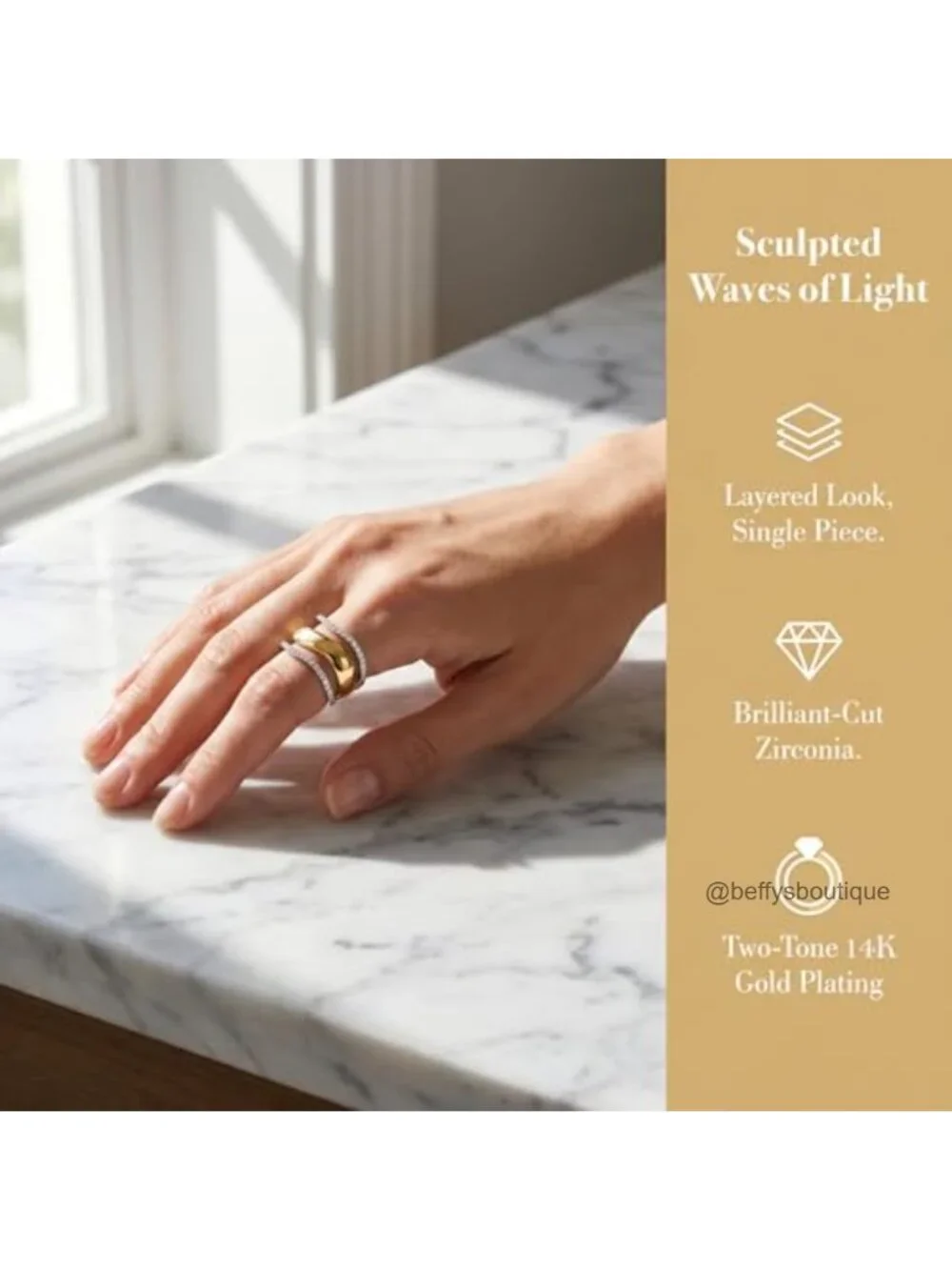14K Gold Plated Stackable Wavy Ring Set with Cubic Zirconia, Mixed Metals,